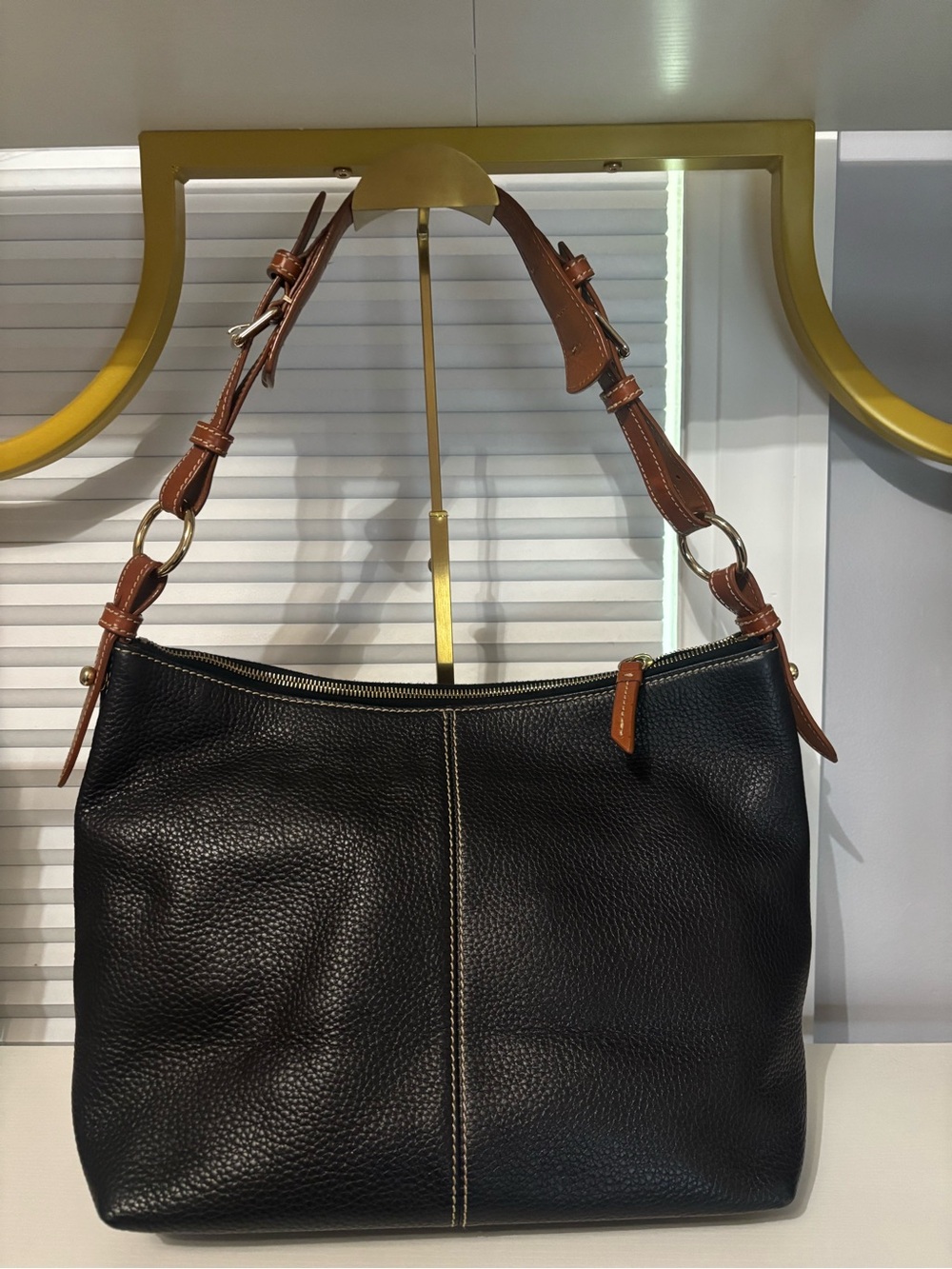 Dooney & Bourke Black Pebbled Leather Shoulder Bag with Brown Trim - Picture 2 of 5